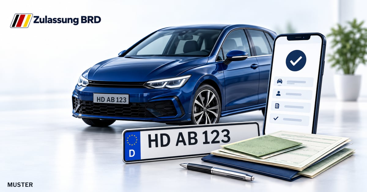 Online Fahrzeugzulassung in Leimen: Musterkennzeichen HD AB 123, Auto und Fahrzeugpapiere und Smartphone. Illustration mit Logo von Zulassung BRD.